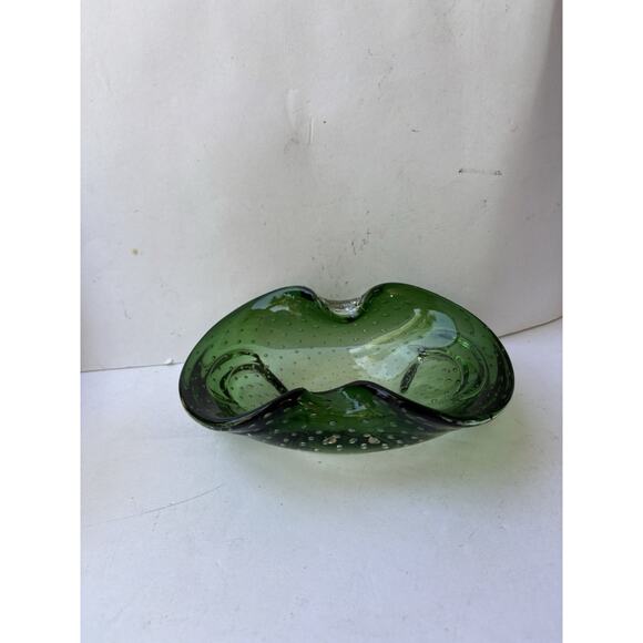 Murano Bullicante Art Glass Emerald Green Bubbles Mid Century Bowl Ashtray - Picture 2 of 8